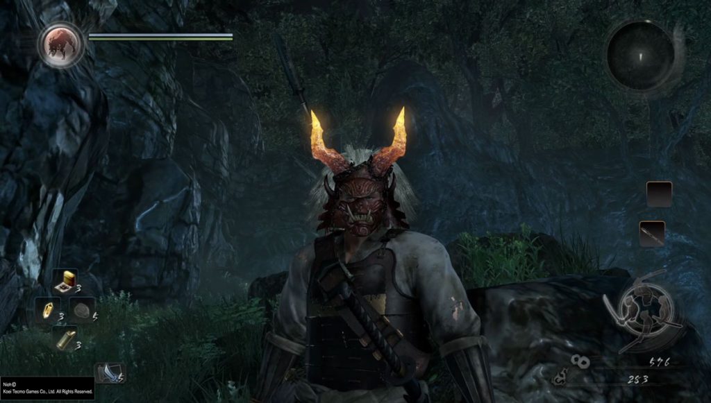 Wearing a red mask with fire devil horns