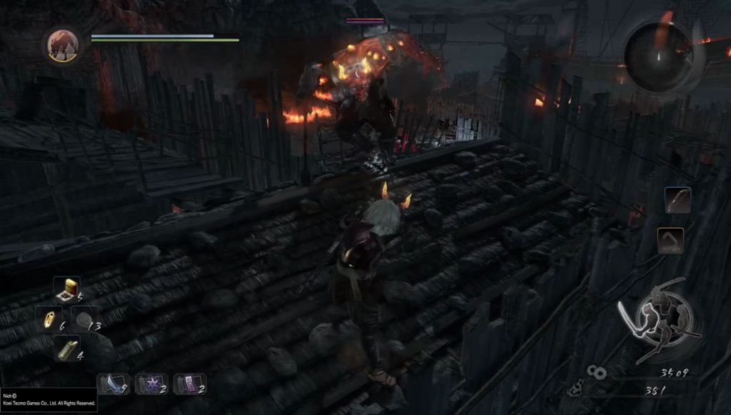 Try three to beat this tough flaming miniboss on the roof