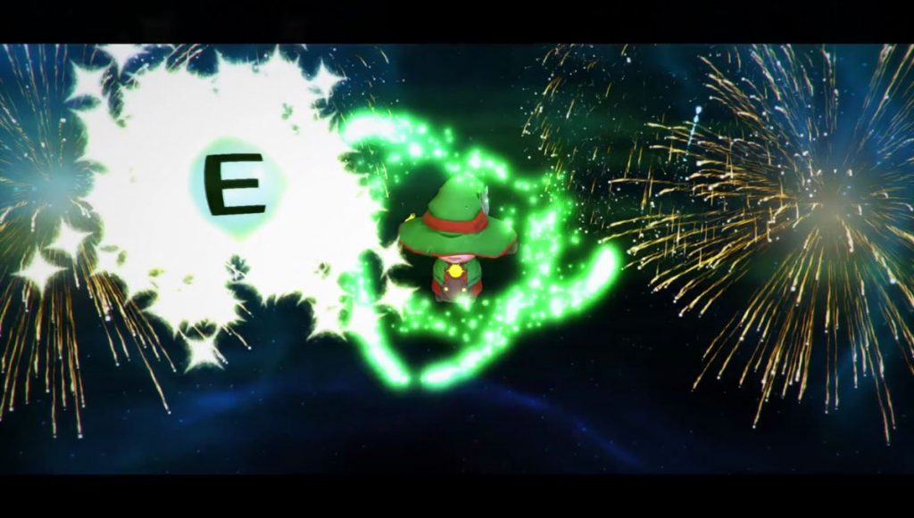 Lumo grabbing the letter E with fireworks in the background